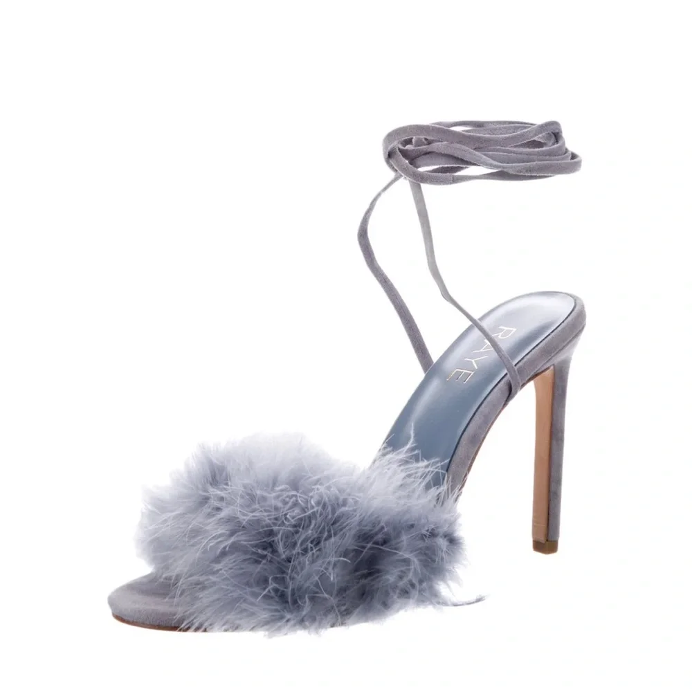 NEW Raye‎ Fara Periwinkle Lavender Feather and Suede Strappy Heels 8.5 - Picture 2 of 8